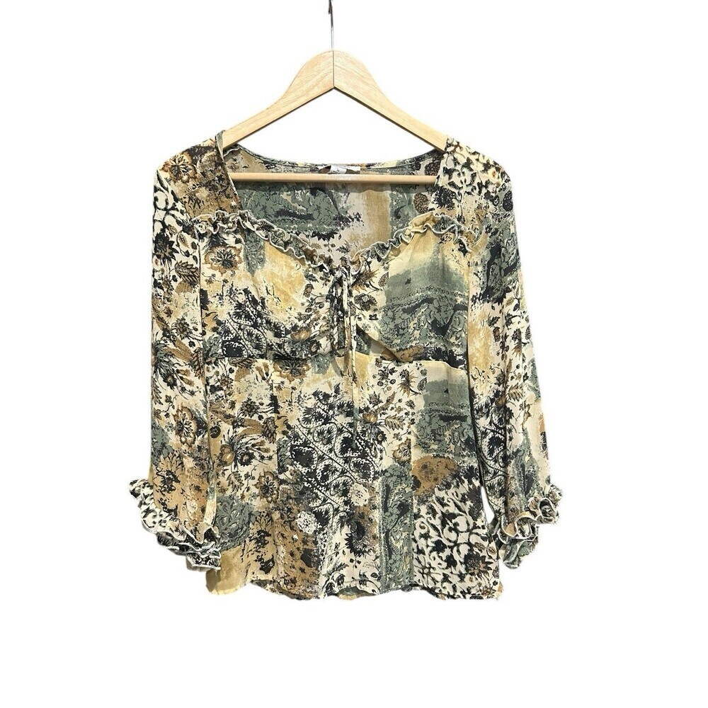 Dress Barn Blouse Top Green Womens Medium Ruffled 90s Y2K Vibes Babydoll